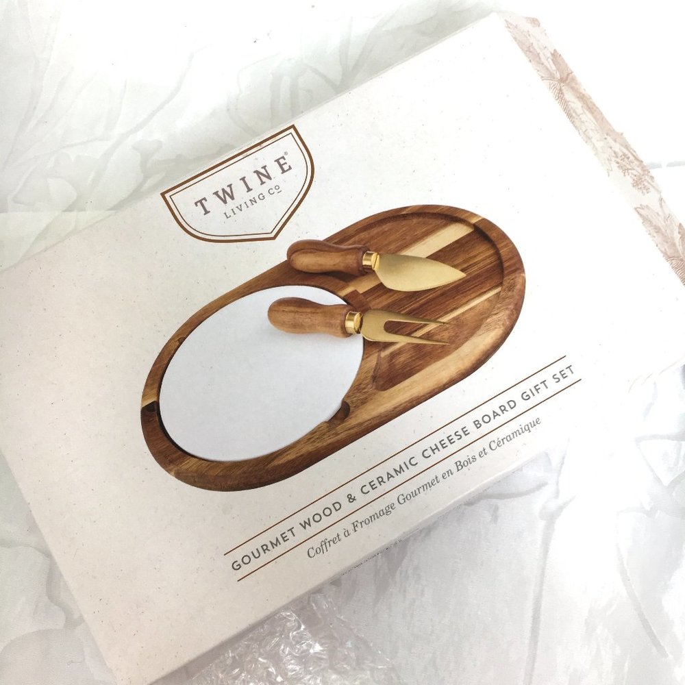 * Twine Living Gourmet Wood & Ceramic Cheese Board - Knife - Fork NWT NOS